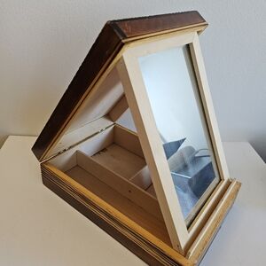 Vintage Burned Wood jewelry Box engraved Flowers Handmade Folded Mirror Polish